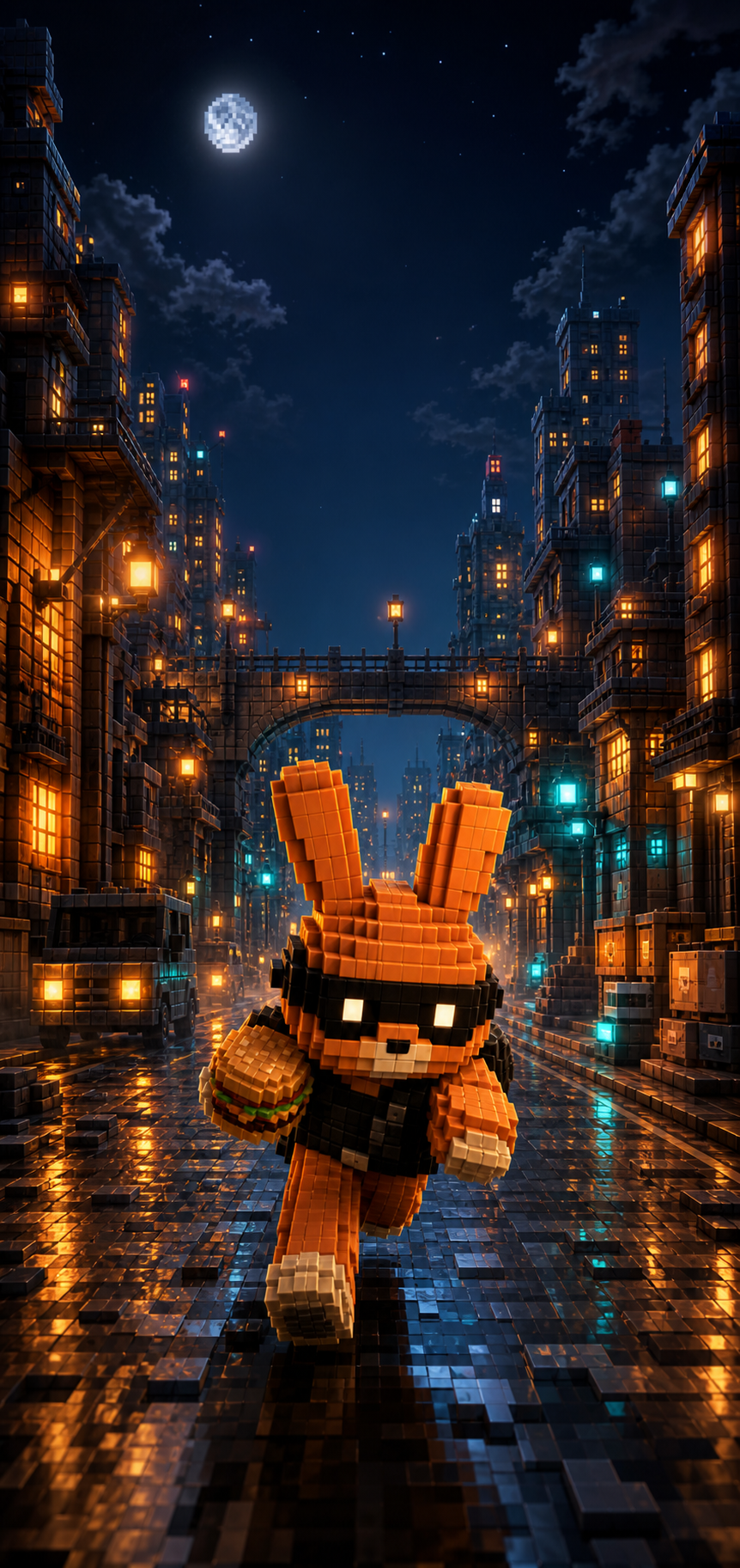 Voxel BunBandit rabbit running through a night city